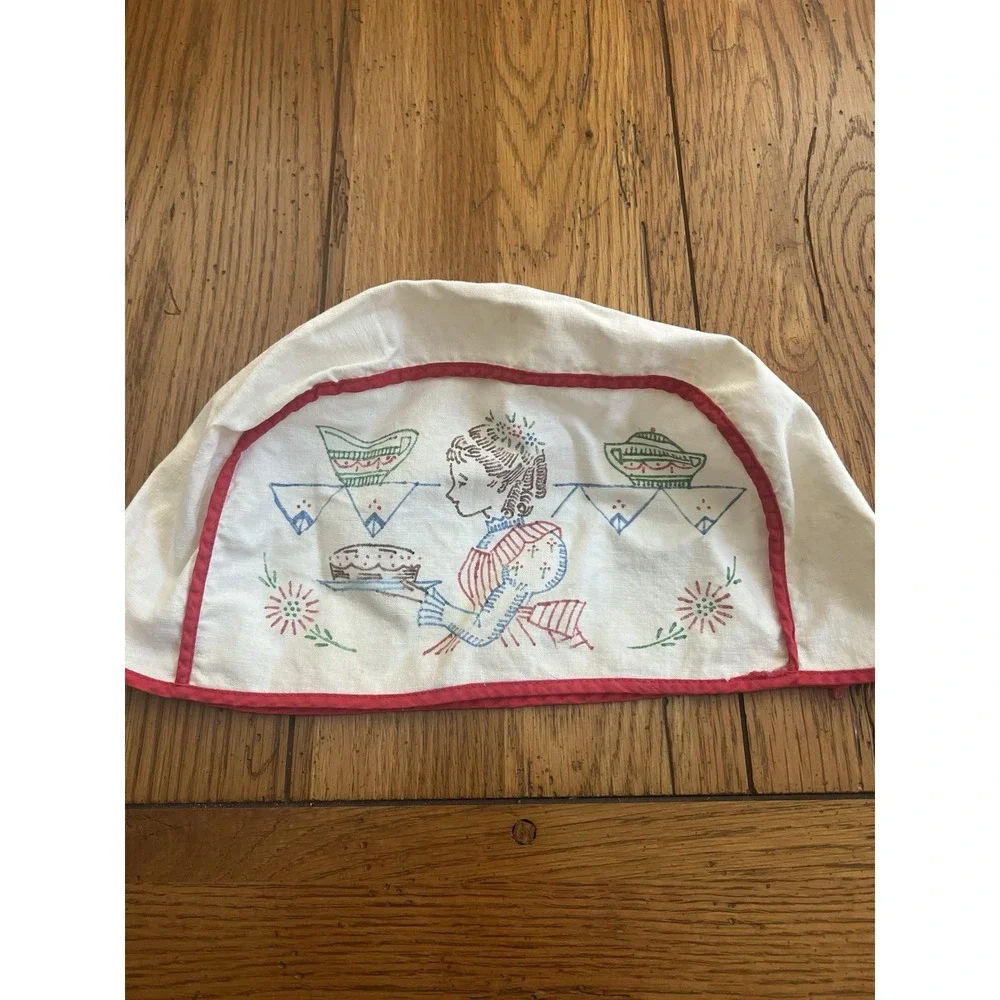 Embroidered Cloth toaster Cover White w/ Red Trim,